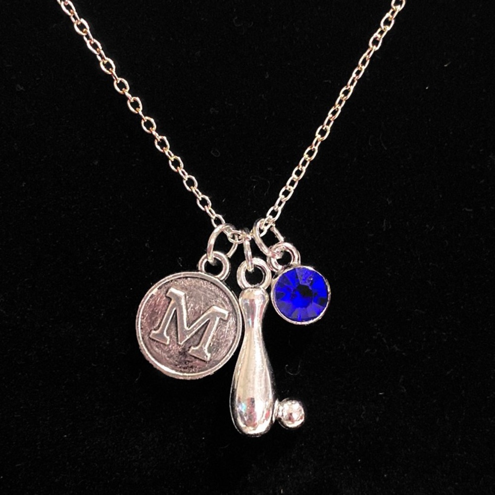 Bowling Necklace Silver Tone Personalized Initial Birthstone